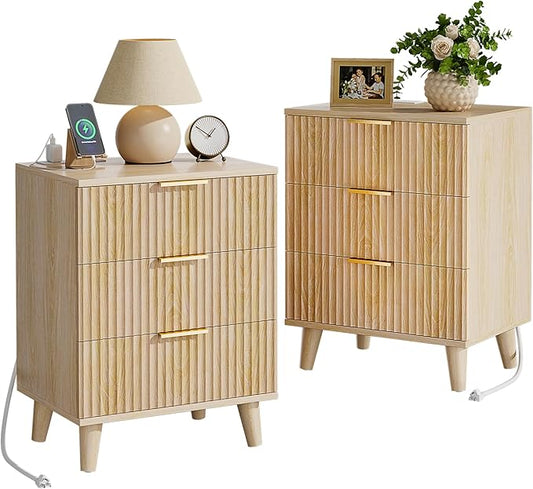 Lulive Wood Night Stand Set 2 Fluted Dresser for Bedroom 3 Drawers End Tables Living Room Nightstand with Charging Station, Storage Modern Side Table Natural