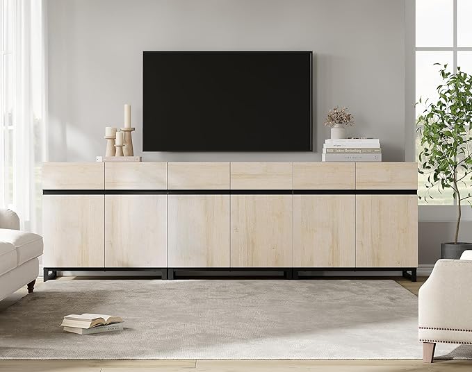 WAMPAT Modern TV Stand for 75-110 Inch TVs, Wooden Entertainment Center Console With Metal Base and Adjustable Shelves for Living Room, Bedroom, 94.5 Inch, Light Oak