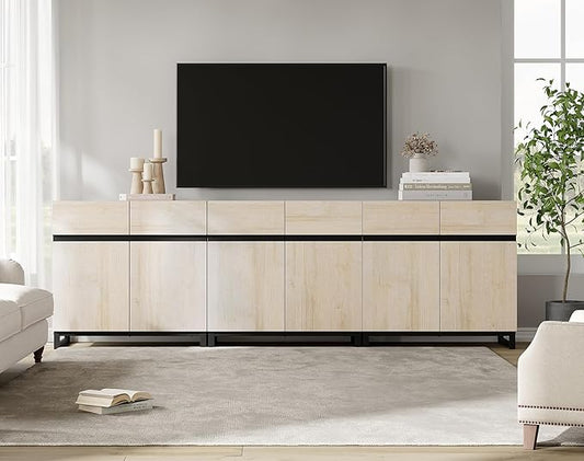 WAMPAT Modern TV Stand for 75-110 Inch TVs, Wooden Entertainment Center Console With Metal Base and Adjustable Shelves for Living Room, Bedroom, 94.5 Inch, Light Oak