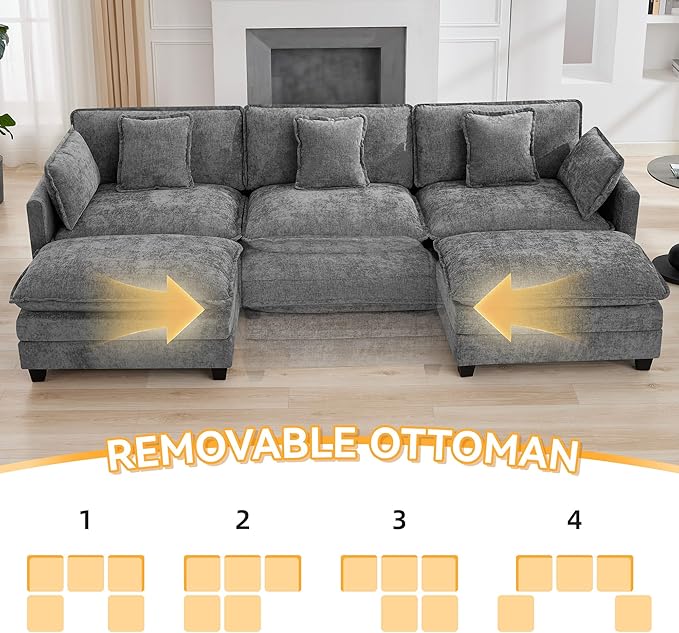 111'' Sectional Cloud Deep Seat Couch, Oversized Chenille U Shaped Sectional Sofa for Living Room Set, Comfy Upholstered Modular 3-Seats Sectional Sofa Couch with 2 Movable Ottoman, Grey