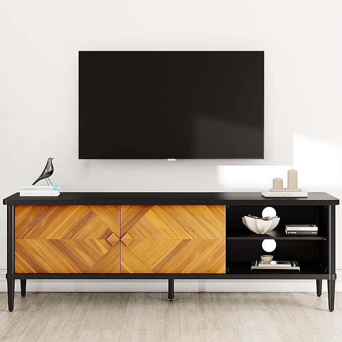 Lenia Solid Wood TV Stand – Mid-Century Modern Media Console with Chevron Doors, Adjustable Shelves & Cable Management – Wooden Entertainment Center – Teak Brown Finish