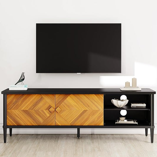 Lenia Solid Wood TV Stand – Mid-Century Modern Media Console with Chevron Doors, Adjustable Shelves & Cable Management – Wooden Entertainment Center – Teak Brown Finish