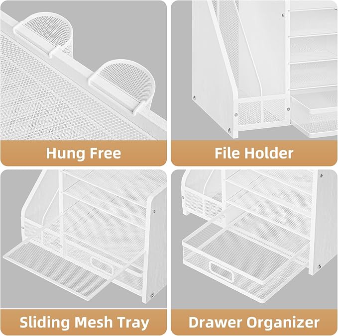Marbrasse Desk Organizer with File Holder, 5-Tier Paper Letter Tray Organizer with Drawer and 2 Pen Holder, Mesh Desktop Organizer and Storage with Magazine Holder for Office Supplies (Wood-White)