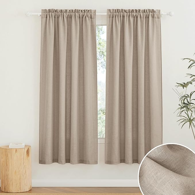 RYB HOME Privacy Semi Sheer Linen Curtains 72 inches Long, Rod Pocket Linen Blend Elegant Light Filtering Privacy Protected Panels for Farmhouse Cottage, Khaki, 52" W, 2 Panels