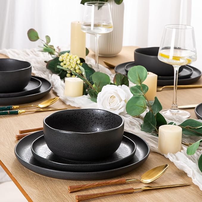AmorArc Ceramic Dinnerware Sets, Wavy Rim Stoneware Plates and Bowls Sets, Highly Chip and Crack Resistant | Dishwasher & Microwave Dishes set, Service for 4 (12pc)-Speckled Matte Black