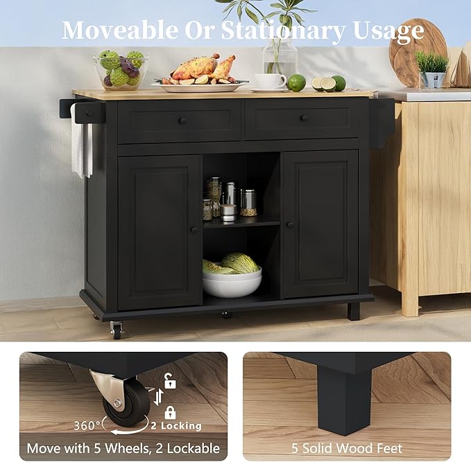 Rolling Kitchen Island Cart with Drop Leaf, Large Kitchen Island on Wheels with Storage and 2 Drawers, Mobile Island for Kitchen with Rubber Wood Countertop, Towel Rack (Black, Large)