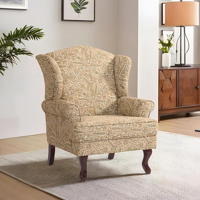 Accent Chair, High Back Upholstered Armchair with High Resilience Sponge & Wood Legs, Mid-Century Modern Comfy Single Sofa Reading Chairs for Living Room, Bedroom (Floral Light Brown, Set of 1)