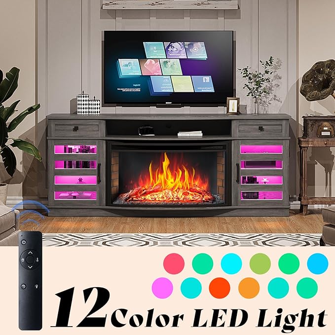 AMERLIFE 70" Farmhouse Fireplace TV Stand with 36'' Curved Electric Fireplace, LED Media Console with 2 Drawers & Adjustable Shelves, Fits 80'' TVs, Wash Gray