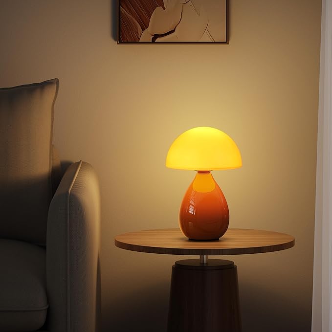 Mushroom Lamp Table Lamp, Mini Modern Lamp Bedside Nightstand Light Desk Cute Small Light Dimmable for Bedroom, Living Room, Ceramic Base Glass Led Home Decor for Woman Children Gifts