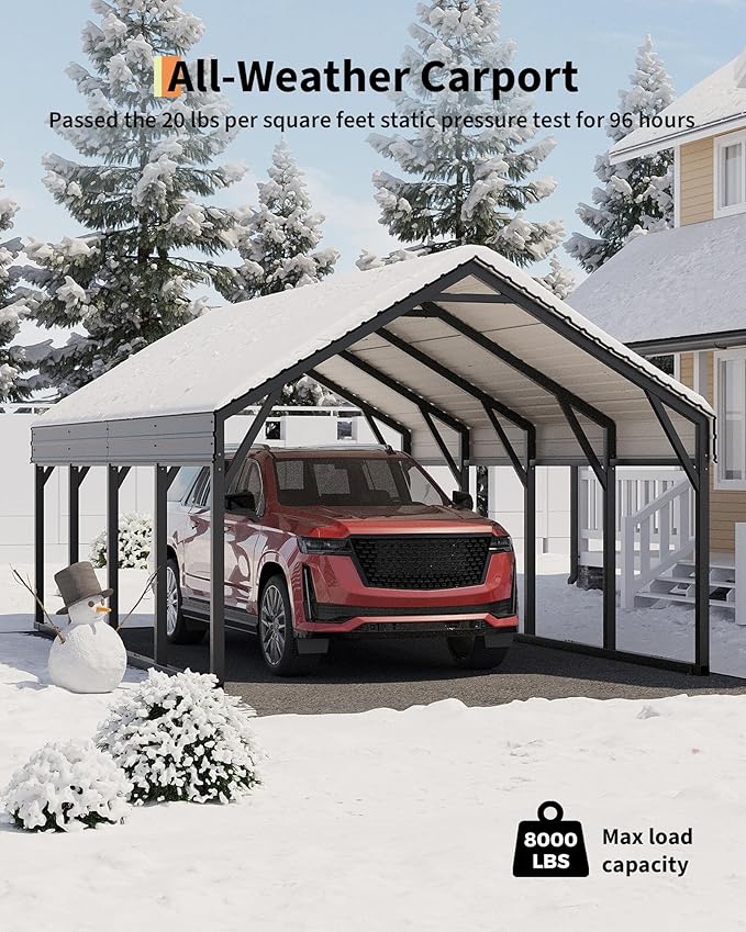 12x20 FT Metal Carport, Reinforced Frame and Steel Roof for All-Weather Use, Permanent Shelter for Bass Boats, Full-Sized Pickup Trucks, and Tractors