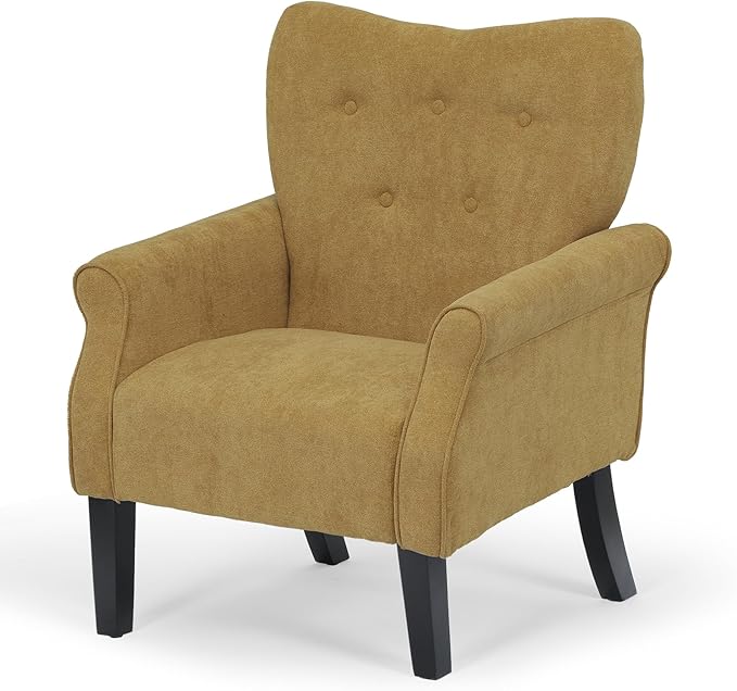 Athena Collection Mid Century Accent Chair, Upholstered Modern Comfy Armchair Single Sofa, Elegant Vanity Chair Reading Chair with High Back and Solid Wood Legs for Bedroom Living Room, Dark Yellow