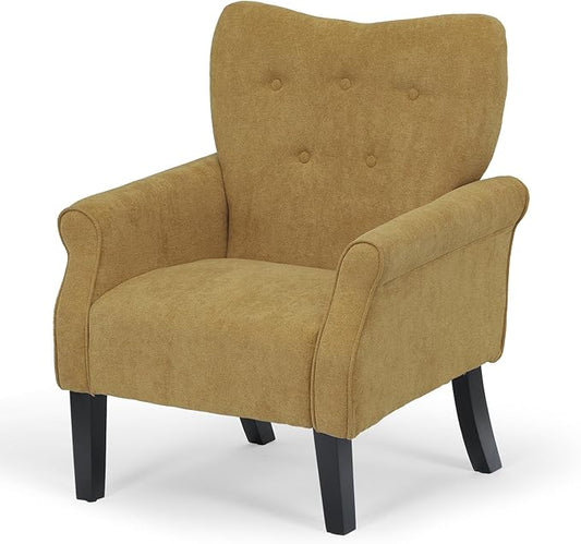Athena Collection Mid Century Accent Chair, Upholstered Modern Comfy Armchair Single Sofa, Elegant Vanity Chair Reading Chair with High Back and Solid Wood Legs for Bedroom Living Room, Dark Yellow