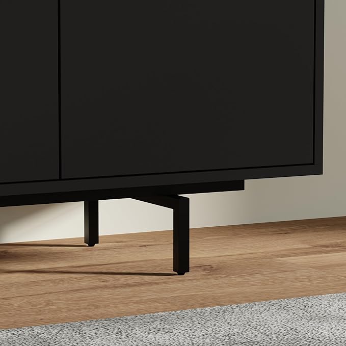 Norrhaus 75" x 26" 4-Door TV Stand in Black - Modern TV Console Made from Quality Engineered Hardwood with Water Resistant Melamine Veneer - No Tools Frame Assembly
