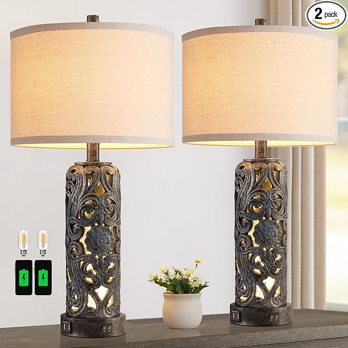 25'' Set of 2 Rustic Table Lamp for Bedroom Living Room with 2 USB Ports, Farmhouse Vintage Resin Nightstand Lamp with Nightlight, Antique Retro Desk Lamp for Entryway, 2 Bulbs Included