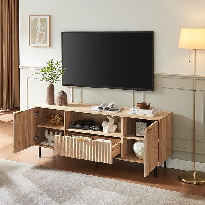 Okvnbjk Modern TV Stand for 65 Inch TV, TV Consoles for Living Room, Media Console with Soft Hinge & Drawer, Wood Fluted Entertainment Center with Storage, Oak