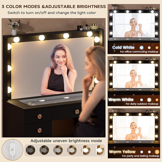43.3" Vanity with Large Mirror and 10 LED Lights, Vanity Desk with Glasstop, 11 Drawers with Crystal Handles, Dressing Table with Power Outlet as Gift for Women, Girls (Black)
