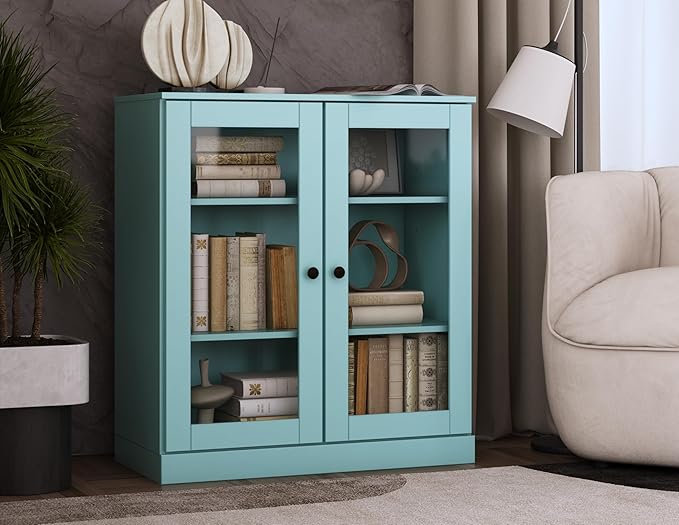 Palace Imports Solid Wood Bookcase - Floor Standing Bookshelf - 32” W - Display Furniture, Renewable 100% Eco-Friendly Wood, Made in Brazil (Aqua, Clear Glass Doors | 3-Shelf Short Bookcase)