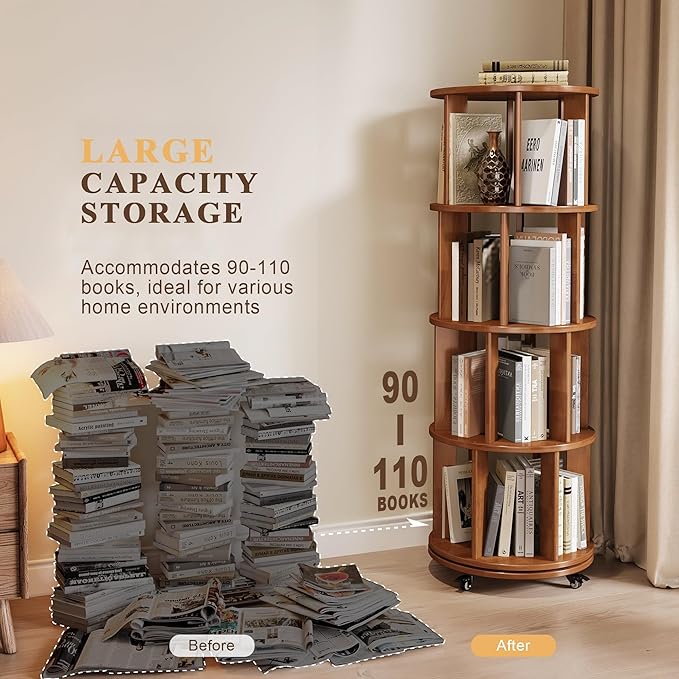 4-Tier Rotating Bookshelf, 360° Spinning Stackable Bookcase, Freestanding Bookshelf for Home Office Study Room Bedroom Living Room