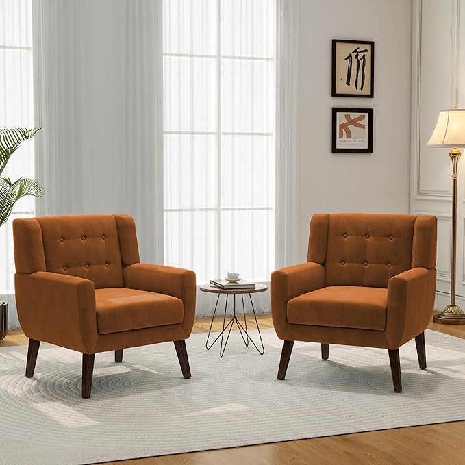 Accent Chair, Modern Velvet Arm Chair for Living Room, Bedroom, Comfy High-Resilient Sponge Reading Chair for Small Spaces-Velvet Orange, Set of 1