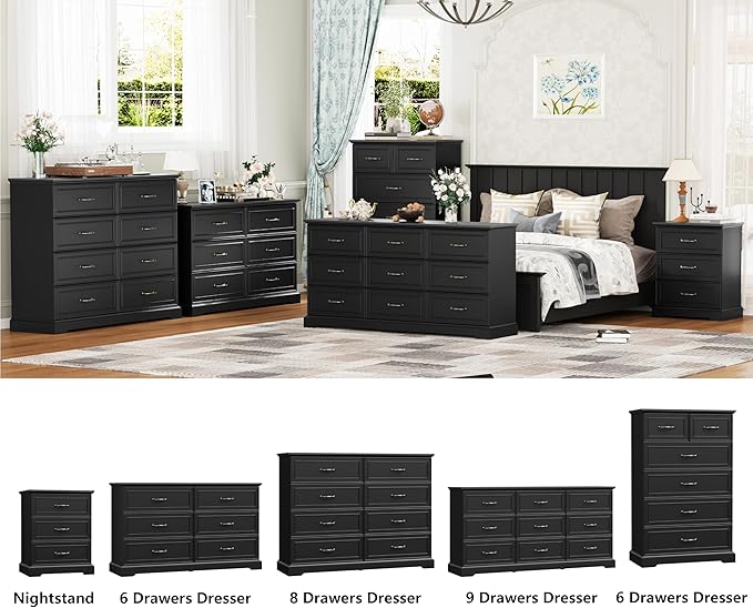 8 Drawer Dresser for Bedroom, 53" Wide Wooden Chest of Drawers, Rustic Farmhouse Dresser with Large Drawers & Metal Handles, Modern Storage Organizer for Closet, Living Room, Hallway, Black