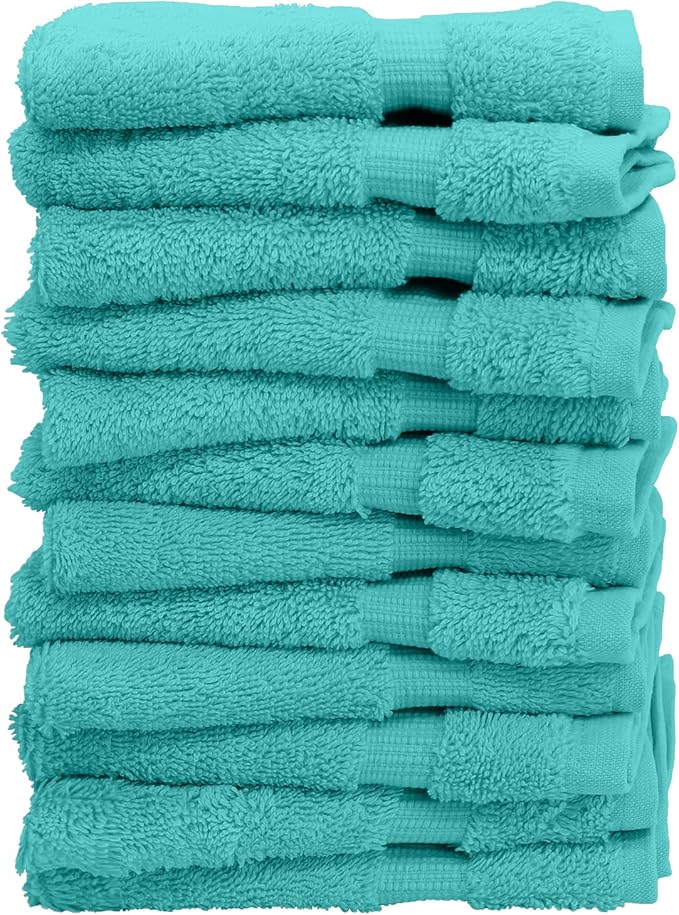 Luxury Hotel & Spa Collection, 100% Turkish Cotton 700 GSM Cloth, for Body wash, Makeup & Facial Cleaning, Baby, face, loofah, Dobby Border Soft washcloths Towel Set 13" X 13", Aqua Blue, Set of 12