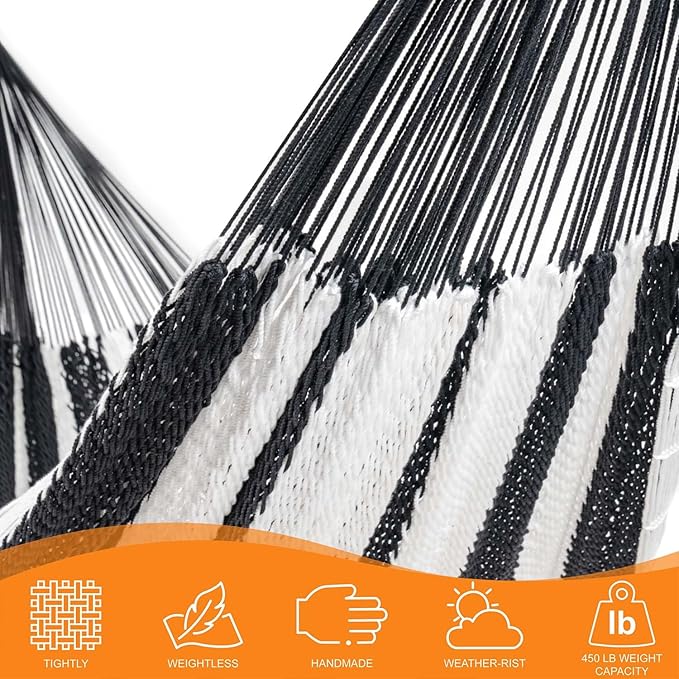 Lazy Daze Hammocks Handwoven Mayan Hammock, 10.5 FT Soft Rope Double Hammocks, Portable Outdoor Hammock with Carry Bag, 2 Straps & carabiners for Patio Outside, 550 lbs Weight Capacity, Black/White
