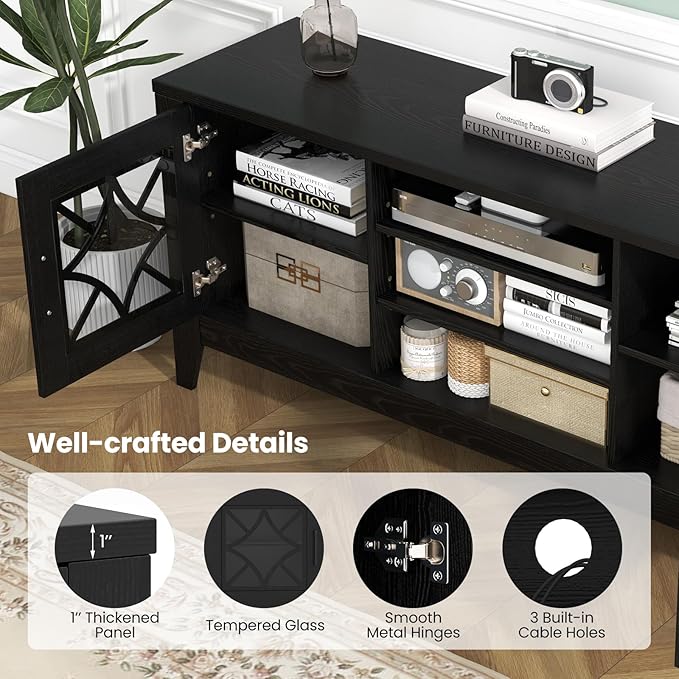 Tangkula Farmhouse TV Stand for TVs Up to 65-in, Classic Media Entertainment Center w/Glass Door Cabinets & 4 Adjustable Shelves, Modern TV Console Table w/ 3 Cable Holes for Living Room (Black)