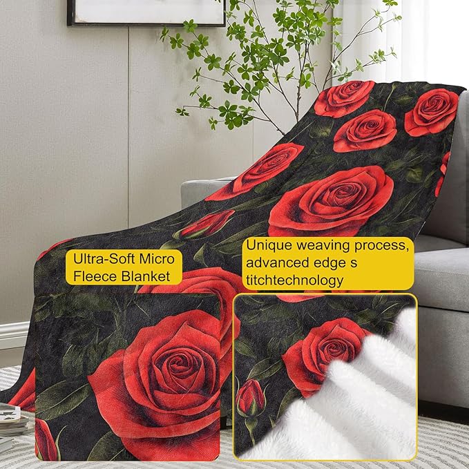 Red Roses Flannel Blanket, Floral Gifts, Floral-Themed Blanket for Women, Soft Lightweight Throw Blankets for Bed Home Travel Decor 60" x 80"