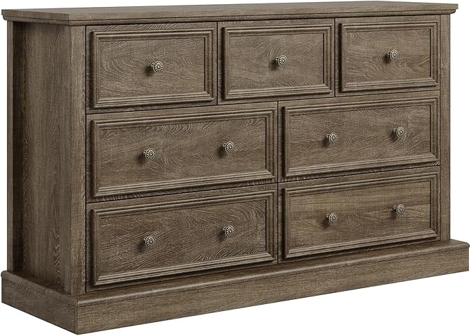 Farmhouse 7 Drawer Dresser for Bedroom, 55" Wide Wood Rustic Chest of Drawers for Bedroom, Storage Dressers Clothes Organizer for Closet, Living Room, Hallway, Dining Room(Rustic Brown)