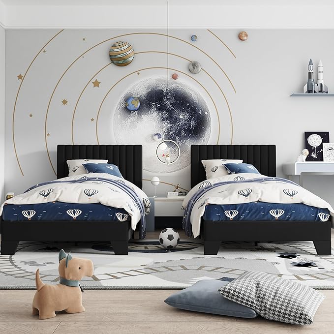 Twin Size Bed Frame, Velvet Upholstered Platform Bed with Adjustable Tufted Headboard, Sturdy Frame and Slats, Noiseless, No Box Spring Required, Easy to Assemble, Black