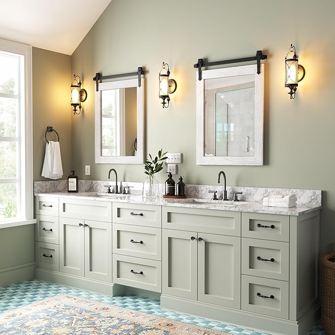 Farmhouse Bathroom Mirror for Over Sink 22”*32”, Barn Door Mirror, Rustic Wall Mirror for Bathroom White, Living Room, Entryway