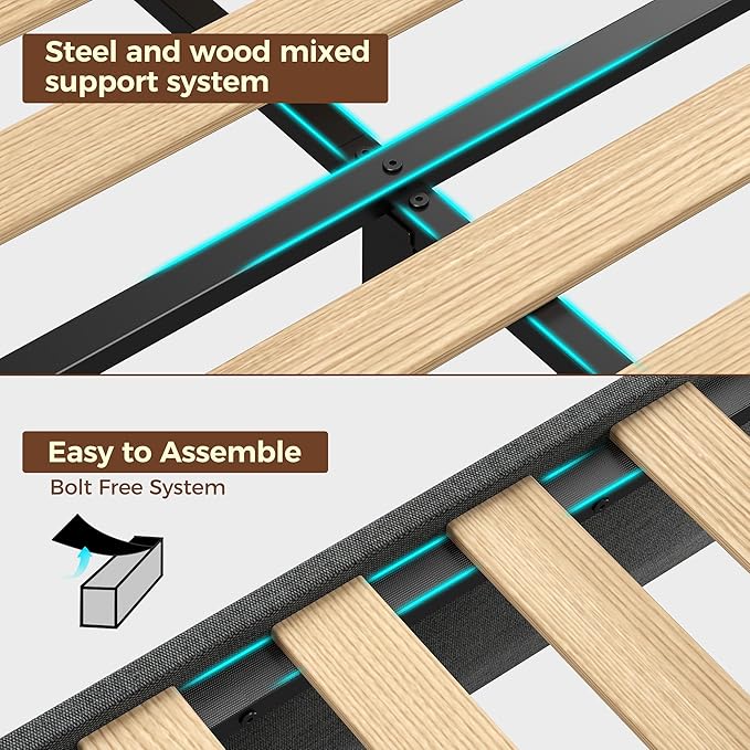 Rolanstar Queen Size Bed Frame, Storage Headboard with Charging Station and LED Lights, Upholstered Bed with Heavy Duty Wood Slats, No Box Spring Needed, Noise Free, Easy Assembly, Dark Grey