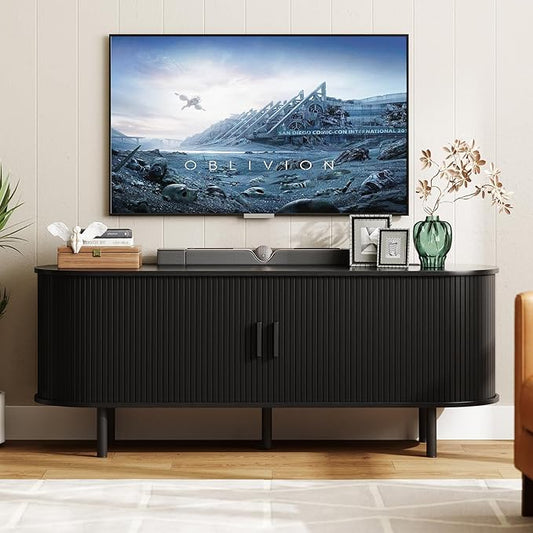 55" TV Stand with Power Outlet for TVs up to 60 Inch, Entertainment Center with Storage and Adjustable Shelves, Modern Media Console with Sliding Doors for Living Room, Black