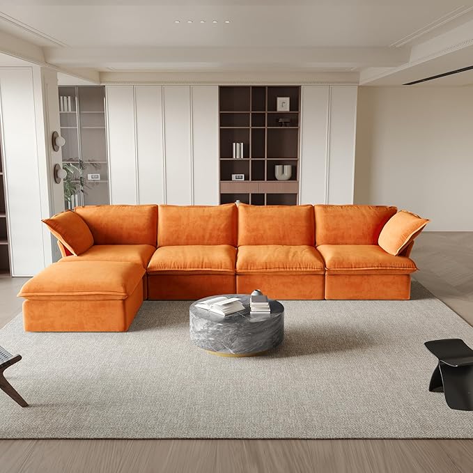 JACH L-Shaped Sectional Couches, Modular Sectional Sofas, Modern Comfy Cloud Couch with Chaise Ottoman, Cushion Covers Removable, Two Corners and Two Middle Sofa for Living Room (Orange)