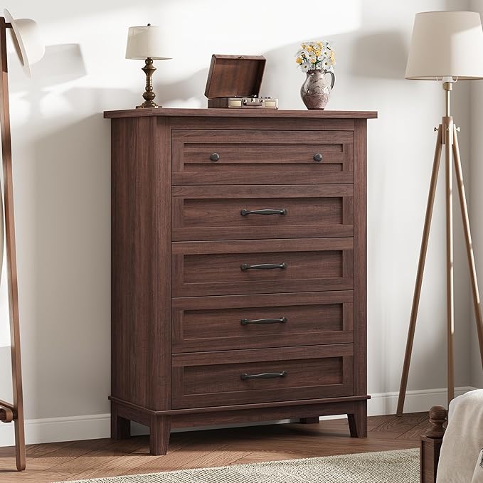 GarveeHome 5 Dresser for Bedroom, 41.3" Tall Vertical Drawer Dresser with Large Storage, Freestanding Wooden Closet Chest for Bedroom, Living Room, Walunt