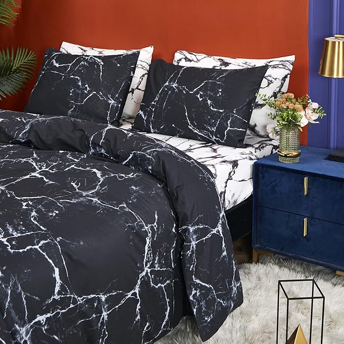 CLOTHKNOW Black White Comforter Set Twin/Twin XL Black Marble Bedding Comforter Sets Black Comforter Abstract Bedding Soft Quilt Set