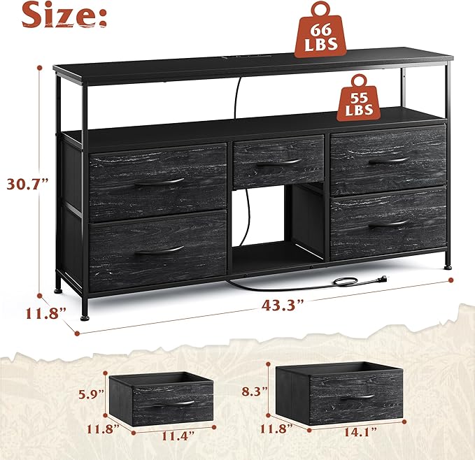 TV Stand Dresser with LED Lights & Power Outlets, Entertainment Center for 50" Inch TV, 5 Drawers TV Stand for Bedroom Dresser with Shelves for Living Room, Sturdy Metal Frame, Black