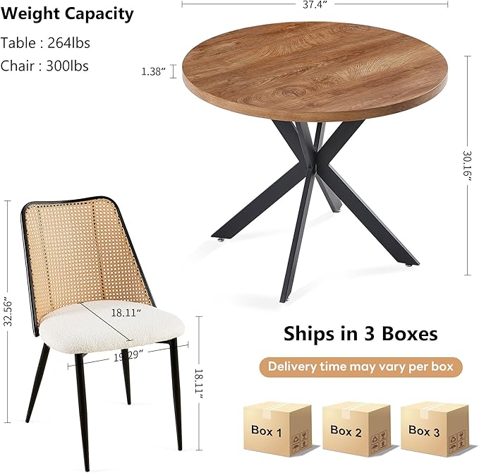 NORDICANA Dining Table Set for 4, Wooden Round Table and Wicker Chairs, 5-Piece Modern Kitchen Dinette Set for Breakfast Nook, Beige Boucle Seat