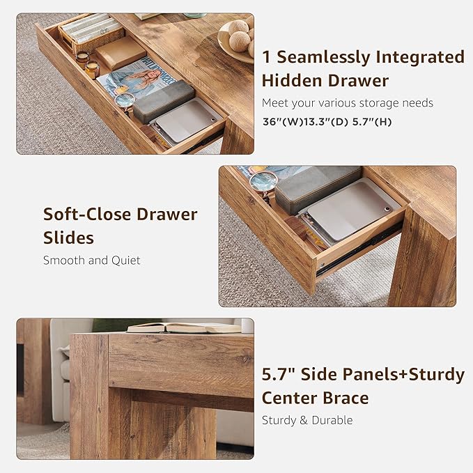 OKD 48" Modern Farmhouse Coffee Table, Wooden Living Room Table with Hidden Storage Drawer, Rustic Rectangular Center Tables w/Wood Thick Design for Living Room, Office, Gold Rustic Brown