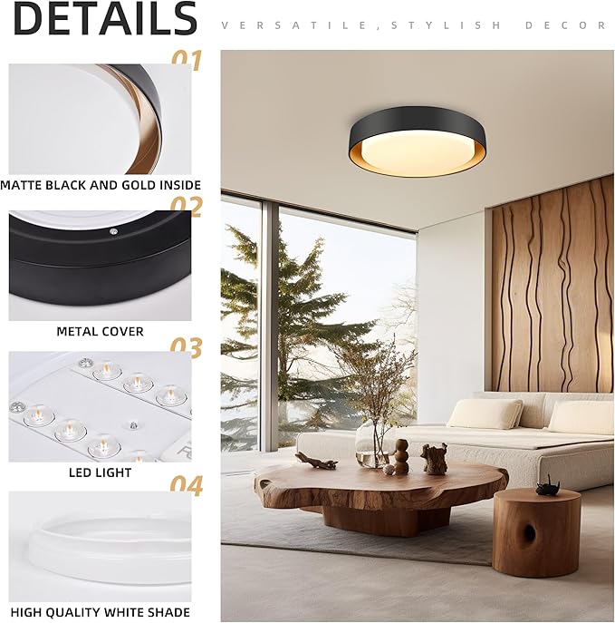 Hlite 10 inch Ceiling Light Fixture,Black LED Flush Mount Ceiling Light with Gold Inside,3000K/Warm White/20W,Dimmable 1600LM Indoor Room Decorative Modern Ceiling Lights for Bedroom Kitchen(2 Pack)