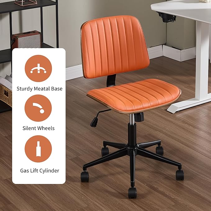 Small Home Office Chair - Armless Mid Back Desk Chair with 360° Swivel and Wheels, PU Upholstered Height Adjustable Modern Walnut Computer Chair for Home, Office Meeting Room - Orange