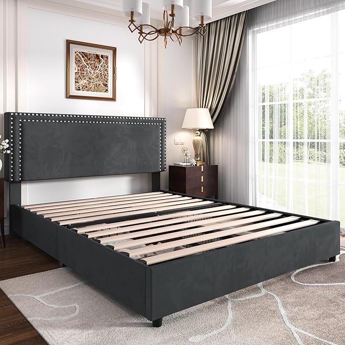 VECELO Queen Size Upholstered Platform Bed Frame with 4 Storage Drawers, Adjustable Velvet Rivets Headboard, Wooden Slats Support, No Box Spring Needed, Easy Assembly
