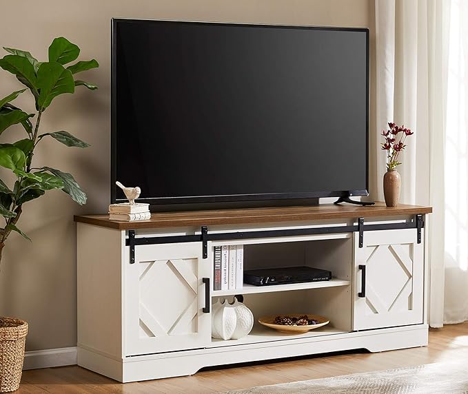 WAMPAT Farmhouse 65 in TV Stand and Coffee Table Set, Entertainment Center for TVs Up to 65", 30" Square Wood Center Table with Gas Spring Flip-Top for Living Room,Antique White