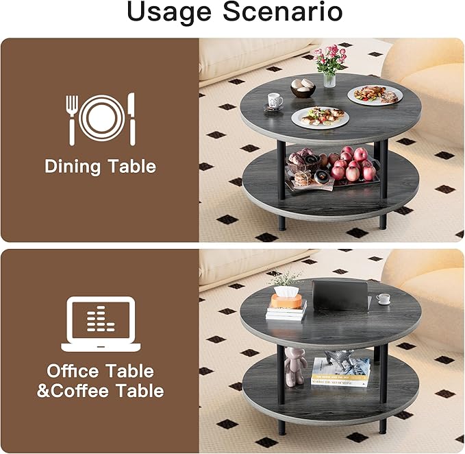 Coffee Table, 2 Tier Coffee Tables for Living Room, Round Coffee Table with Storage, Floor Table for Bedroom, Home Office, Grey (23.6" D x 18.1" H)