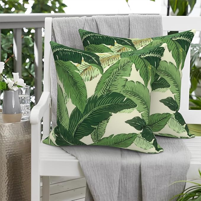 Pack of 2 Patio Throw Pillow Covers ONLY, Water Repellent Cushion Cases 20x20 Inch, Square Pillowcases for Outdoor Couch Decoration, Swaying Palms Green