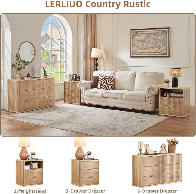 LEYAOYAO Fluted 6 Drawers Dresser Set of 2, 48" Wide Modern Chest of Drawers with Metal Handle, Natural Curved Profile Dresser TV Stand, Wooden Drawer Organizer for Bedroom, Living Room, Hallway