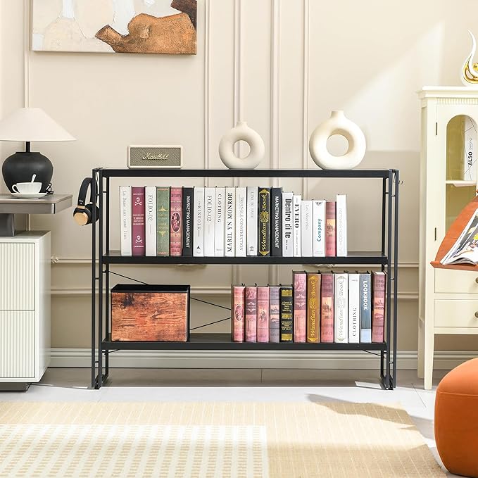 HCHQHS Bookshelf, 3-Tier Industrial Bookcase, Black Open Book Shelf, Freestanding Horizontal Bookshelves with Metal Frame