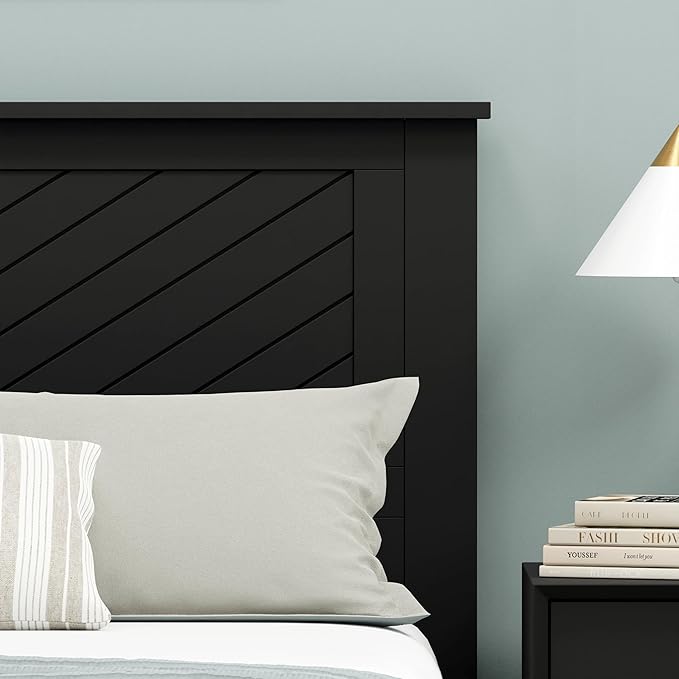 Serene Poplar Wood Full Headboard, Modern Farmhouse Panel with Chevron Scoring, Full Size Headboard in Black, Casual Coastal Style, Easy Assembly, Quality Materials