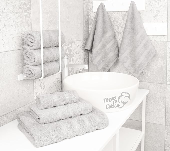 American Soft Linen Luxury 6 Piece Towel Set, 2 Bath Towels 2 Hand Towel 2 Washcloths, 600 GSM 100% Cotton Turkish Towels for Bathroom, Silver Grey Towel Sets