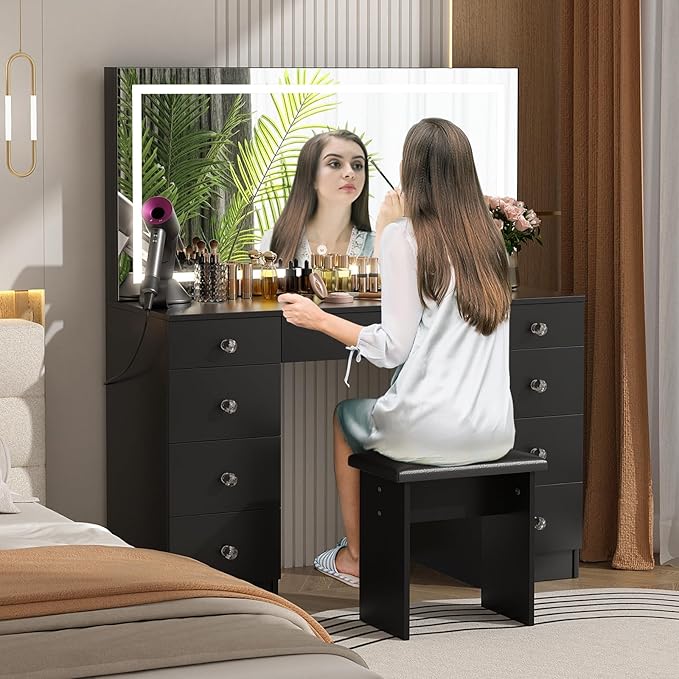 VOWNER Vanity with Lighted Mirror - 47" Makeup Vanity Desk with 9 Drawers and Power Outlet, 3 Color Lighting Modes Adjustable Brightness, Makeup Desk with Soft Cushioned Stool for Bedroom, Black